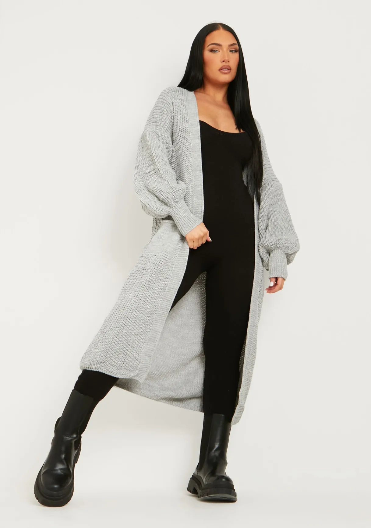 Airport Vibin'|Knitwear*Missy Empire Nathalie Balloon Sleeve Knitted Cardigan Grey
