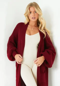 Loungewear|Knitwear*Missy Empire Nathalie Wine Balloon Sleeve Knitted Cardigan Red