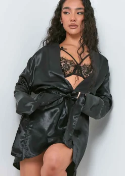 Nightwear|Lingerie*Missy Empire Neelam Satin Tie Waist Dressing Gown Black