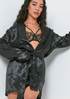 Nightwear|Lingerie*Missy Empire Neelam Satin Tie Waist Dressing Gown Black