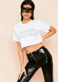 Concert Outfits|Tops*Missy Empire Nicholina Ghoul Sisters Slogan Cropped Oversized T-Shirt White