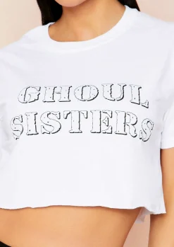 Concert Outfits|Tops*Missy Empire Nicholina Ghoul Sisters Slogan Cropped Oversized T-Shirt White