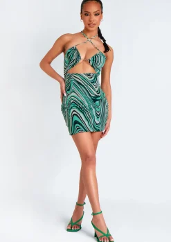 Rave Outfits|Mini Dresses*Missy Empire Nicola Green Printed Halter Neck Cut Out Mini Dress