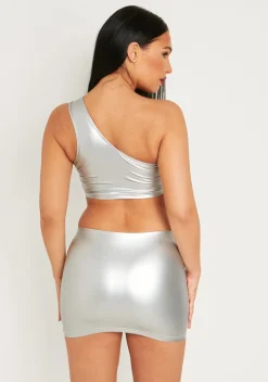Rave Outfits|Tops*Missy Empire Nikita Silver Metallic One Shoulder Crop Top