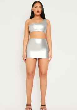 Rave Outfits|Tops*Missy Empire Nikita Silver Metallic One Shoulder Crop Top