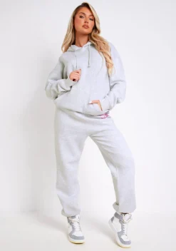 Airport Vibin'|Tracksuits*Missy Empire Nina Grey Marl Oversized Graphic Print Joggers