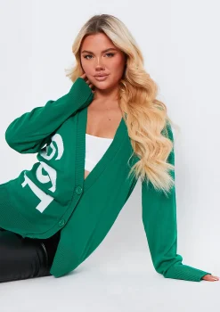 Airport Vibin'|Knitwear*Missy Empire Noella 1990 Varsity Print Knitted Cardigan Dark Green