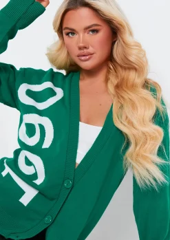 Airport Vibin'|Knitwear*Missy Empire Noella 1990 Varsity Print Knitted Cardigan Dark Green