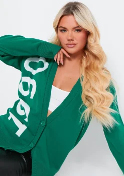 Airport Vibin'|Knitwear*Missy Empire Noella 1990 Varsity Print Knitted Cardigan Dark Green