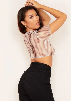 Tops*Missy Empire Olivia Brown Tye Dye Print Highneck Mesh Crop Top