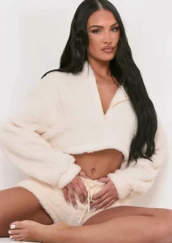 Nightwear|Loungewear*Missy Empire Olivia Cream Fluffy Teddy Borg Cropped Zip Up Hoodie
