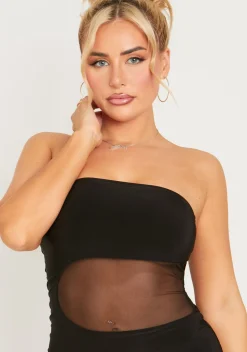 The Party Edit|Little Black Dresses*Missy Empire Ophelia Black Slinky Mesh Cut Out Bandeau Mini Dress