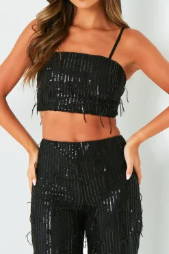 The Party Edit|Tops*Missy Empire Orla Black Tassel Sequin Crop Top