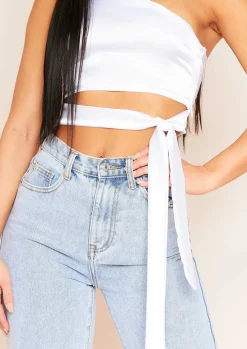 Tops*Missy Empire Ovidia One Shoulder Satin Crop Top White