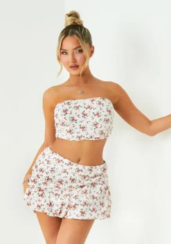 The Party Edit|Tops*Missy Empire Paige White Floral Printed Ruched Bandeau Top