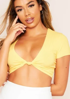 Tops|Basics*Missy Empire Paris Yellow Ribbed Knot Front Cap Sleeve Crop Top Lemon