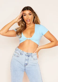 Tops|Basics*Missy Empire Paris Pale Blue Ribbed Knot Front Cap Sleeve Crop Top Pastel Blue