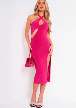 Midi Dresses|Party Dresses*Missy Empire Paris Pink Layer Slinky Cut Out Midi Dress