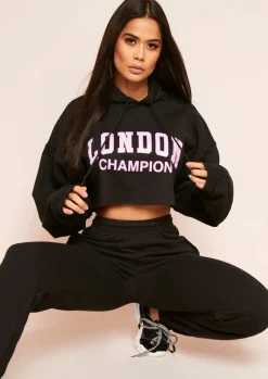 Airport Vibin'|Loungewear*Missy Empire Parker Black Slogan Oversized Cropped Hoodie