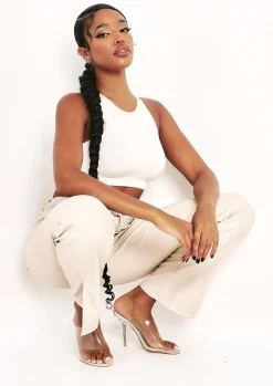 Trousers*Missy Empire Perrie Faux Leather Straight Leg Split Detail Trousers Stone