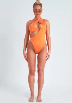 Swimwear|Beachwear*Missy Empire Petra Orange Halter Neck Cut Out Swimsuit