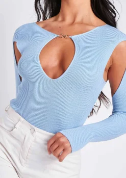 Tops|Bodysuits*Missy Empire Phoebe Blue Cut Out Detail Knitted Bodysuit