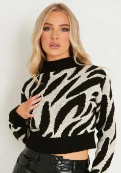 Knitwear*Missy Empire Polly Black And White Swirl Print High Neck Cropped Jumper