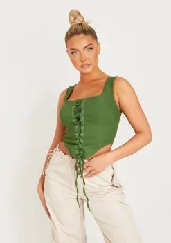 Tops*Missy Empire Polly Khaki Lace Up Corset Top
