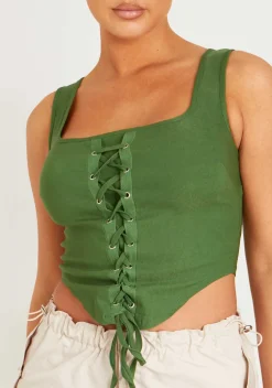 Tops*Missy Empire Polly Khaki Lace Up Corset Top