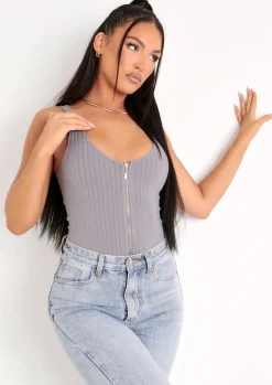Tops|Bodysuits*Missy Empire Psalm Plunge Zip Ribbed Bodysuit Grey