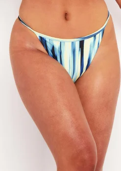 Swimwear|Beachwear*Missy Empire Quinn Blue Yellow Stripe Print Bikini Thong Navy