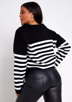 Knitwear*Missy Empire Raina & White Stripe Collared Knitted Jumper Black