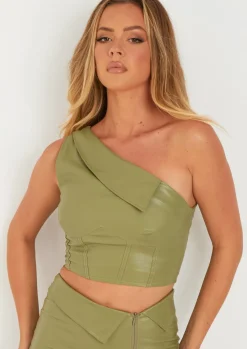 Tops|Co-Ords*Missy Empire Ramona Fold Over Corset Detail Faux Leather Top Green