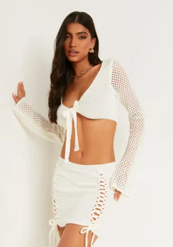 Tops|Co-Ords*Missy Empire Raven Hollow Knitted Long Sleeve Tie Crop Top White