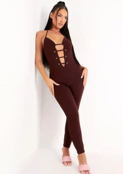 Jumpsuits & Playsuits*Missy Empire Reese Chocolate Plunge Detail Halterneck Jumpsuit