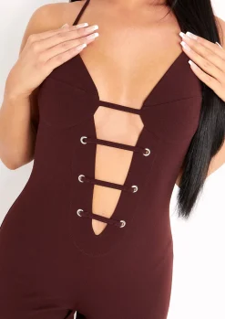 Jumpsuits & Playsuits*Missy Empire Reese Chocolate Plunge Detail Halterneck Jumpsuit
