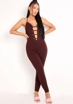Jumpsuits & Playsuits*Missy Empire Reese Chocolate Plunge Detail Halterneck Jumpsuit