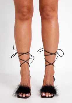 Heels|The Party Edit*Missy Empire Rhian Black Feather Strappy Heels
