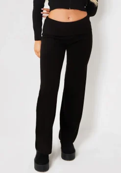 Airport Vibin'|Trousers*Missy Empire Rina Knit Fold Over Waist Flare Trousers Black