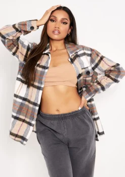 Coats & Jackets*Missy Empire Rita Beige Oversized Checked Shacket
