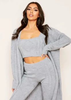 Airport Vibin'*Missy Empire Rocha Light Grey Cable Knitted Long Oversized Cardigan