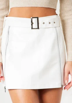 Concert Outfits|Skirts*Missy Empire Rochelle White Faux Leather Belted Mini Skirt
