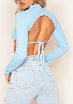 Tops*Missy Empire Roderiga Ribbed High Neck Tie Back Crop Top Pastel Blue
