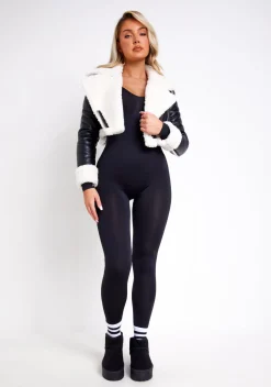Coats & Jackets*Missy Empire Rosie Black Faux Fur Trim Crop Aviator Jacket