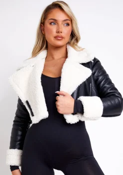 Coats & Jackets*Missy Empire Rosie Black Faux Fur Trim Crop Aviator Jacket