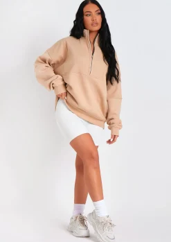 Airport Vibin'|Loungewear*Missy Empire Roxy Premium Ribbed Panelled Half Zip Sweatshirt Beige