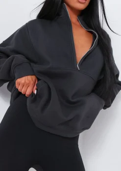 Airport Vibin'|Loungewear*Missy Empire Roxy Premium Ribbed Panelled Half Zip Sweatshirt Charcoal