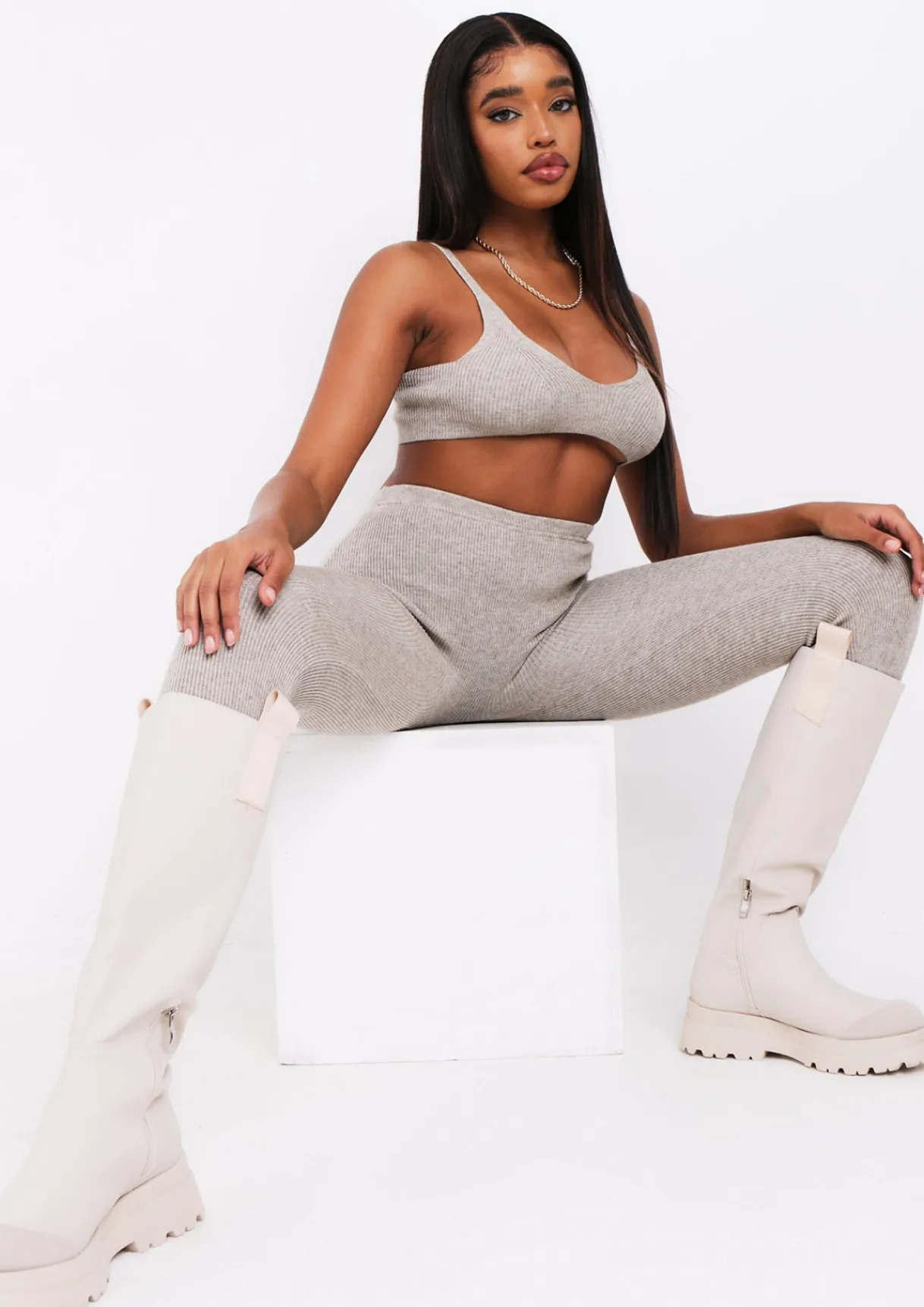 Tops|Loungewear*Missy Empire Saffron Knitted Rib Plunge Bralet Oat