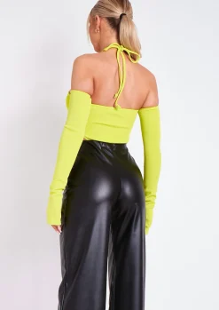 Rave Outfits|Tops*Missy Empire Salma Lime Halter Strap Sleeve Detail Bodysuit