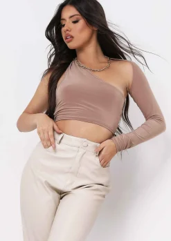 Tops*Missy Empire Sam One Shoulder Long Sleeve Crop Top Taupe
